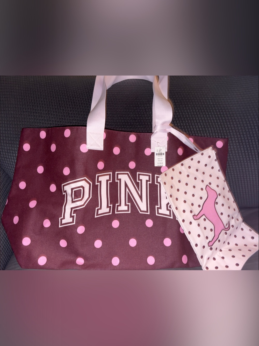 PINK Victoria's Secret Burgundy and Light Pink Polka Dot Tote with Pouch